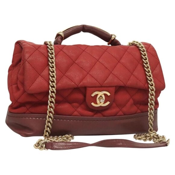 CHANEL Matelasse Chain Shoulder Bag Grained Calf Skin Red CC Auth 127257 - Picture 1 of 16